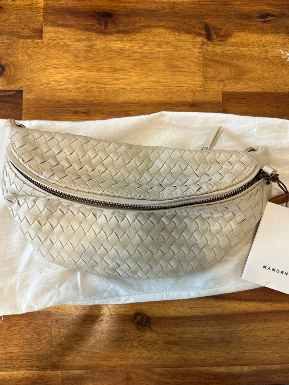Woven Leather Crossbody Belt Bag in Light Beige